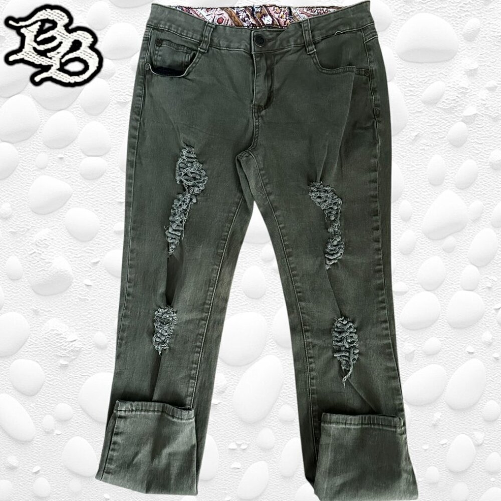 Green Skinny Leg Distressed Ripped Casual Jeans - Size 30-32"